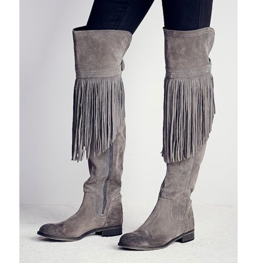 Over the Knee Sued Boots, with Fringe